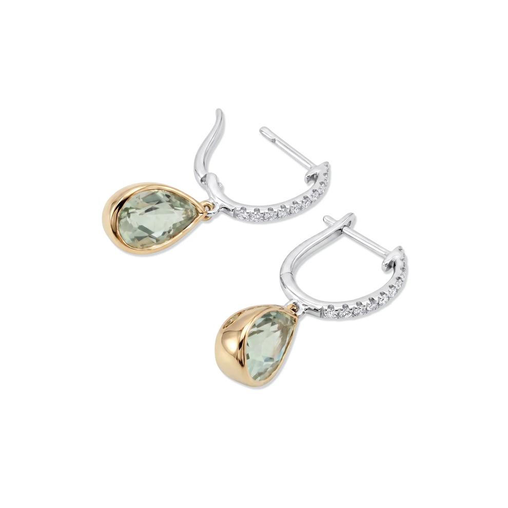 Green Quartz &amp; Diamond Drop Earrings in 10K Yellow &amp; White Gold, 10x6mm (1/7 ct. tw.) – Image 2 of 2