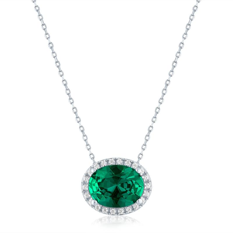 Lab-Created Emerald and Diamond Accent Halo Pendant in Sterling Silver – Image 1 of 3
