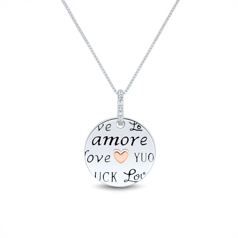 Diamond Accent Love Medallion Pendant in Sterling Silver &amp; 14K Rose Gold – Image 1 of 4
