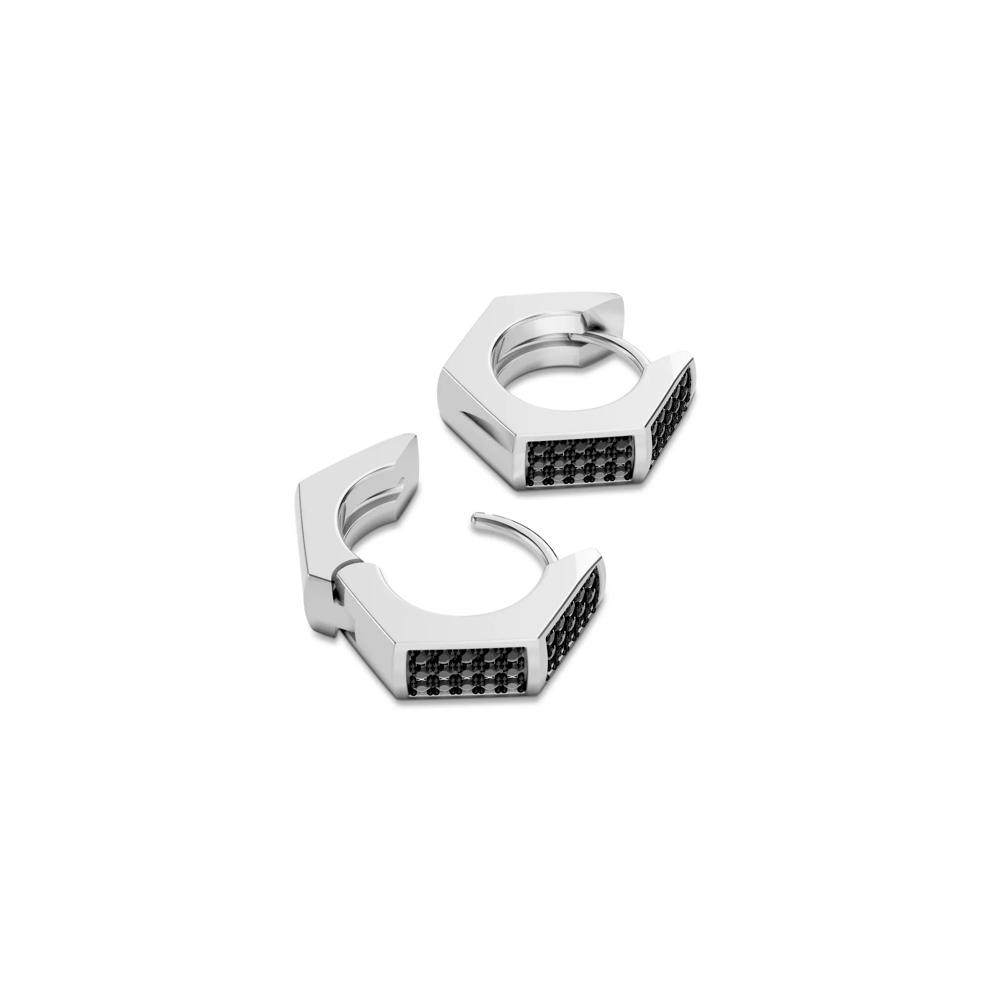 Men's Black Lab Grown Diamond Hex Nut Design Huggie Hoop Earrings in Sterling Silver, 13x15MM (1/4 ct. tw.) – Image 2 of 4