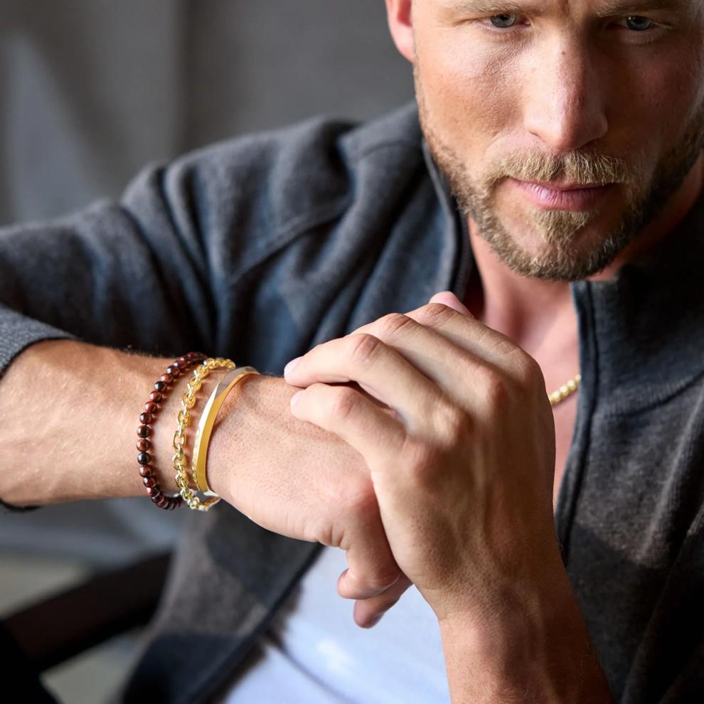 Men's Red Tiger's Eye Bead Bracelet in Stainless Steel – Image 4 of 5
