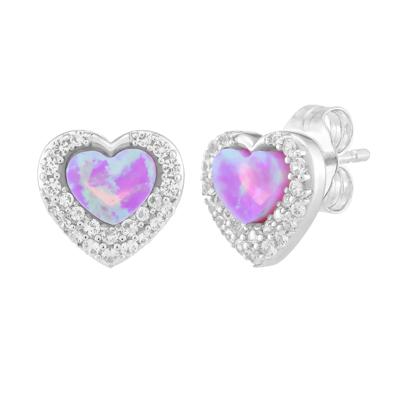 Lab-Created Pink Opal & Lab-Created White Sapphire Halo Heart Stud Earrings in Sterling Silver