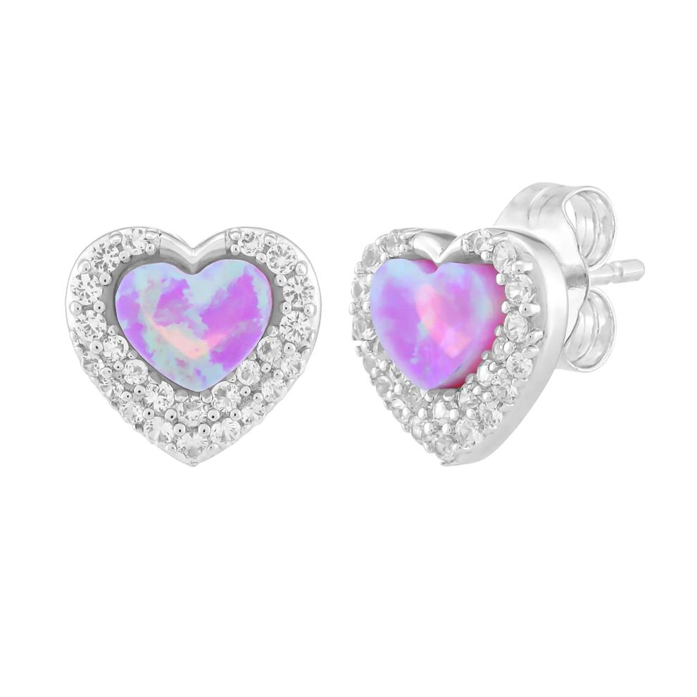 Lab-Created Pink Opal &amp; Lab-Created White Sapphire Halo Heart Stud Earrings in Sterling Silver – Image 1 of 1