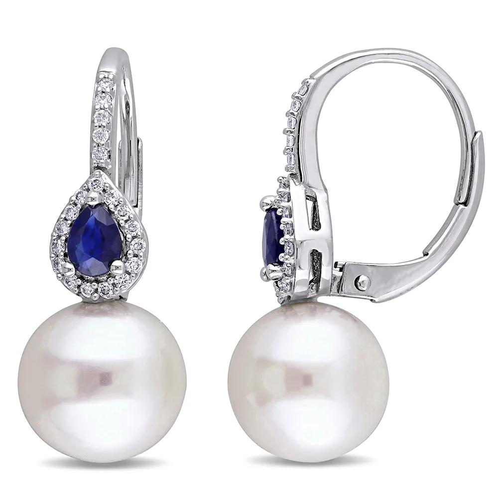 schoper Freshwater Pearl Drop Earrings with Blue Sapphire & Diamonds