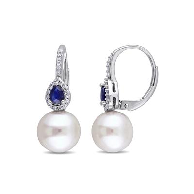 Freshwater Pearl Drop Earrings with Blue Sapphires & Diamonds in 14K White Gold (1/8 ct. tw.)
