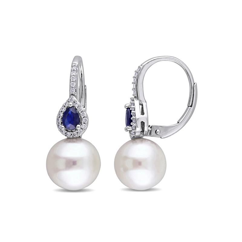 Freshwater Pearl Drop Earrings with Blue Sapphires &amp; Diamonds in 14K White Gold &#40;1/8 ct. tw.&#41; – Image 1 of 4