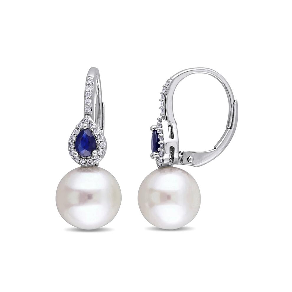 Freshwater Pearl Drop Earrings with Blue Sapphires &amp; Diamonds in 14K White Gold (1/8 ct. tw.) – Image 1 of 4