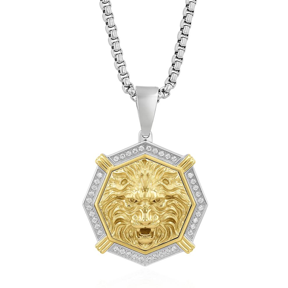 Men's Diamond Lion Head Medallion in White &amp; Yellow Stainless Steel (1/4 ct. tw.) – Image 1 of 3