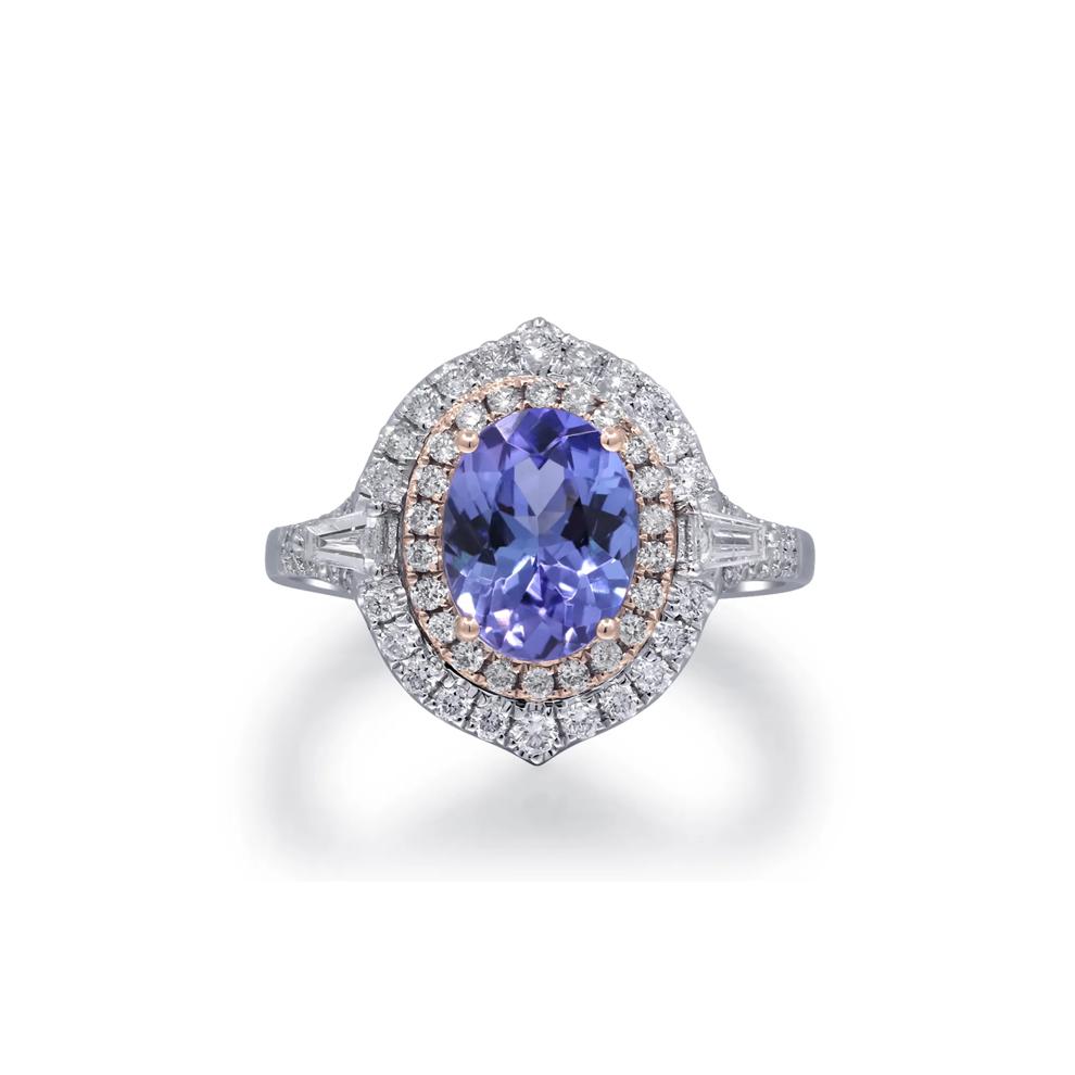 Tanzanite and Diamond Halo Ring in 14K White and Yellow Gold (1/2 ct. tw.) – Image 1 of 4