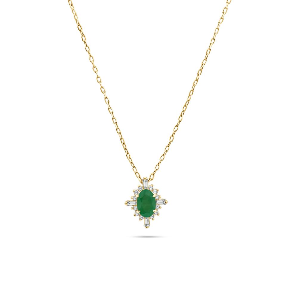 Emerald &amp; Diamond Starburst Halo Pendant Necklace in 10K Yellow Gold (1/8 ct. tw.) – Image 1 of 4