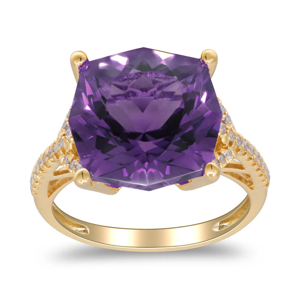 Cushion-Cut Amethyst &amp; Diamond Ring in 14K Yellow Gold (1/8 ct. tw.) – Image 1 of 4