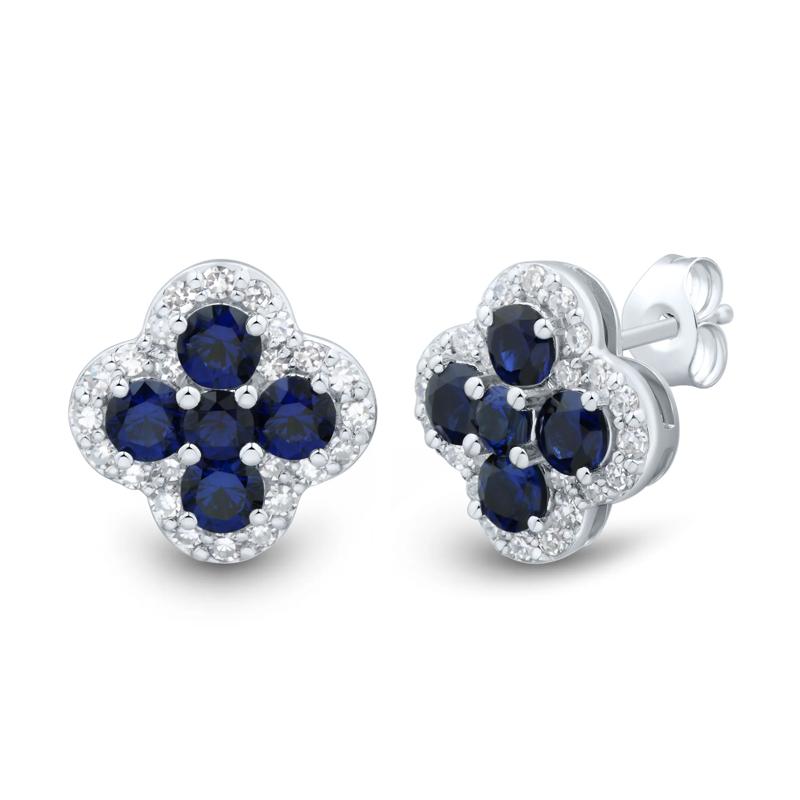 Lab-Created Blue Sapphire and Lab Grown Diamond Clover Stud Earrings in 10K White Gold &#40;1/3 ct. tw.&#41; – Image 1 of 2