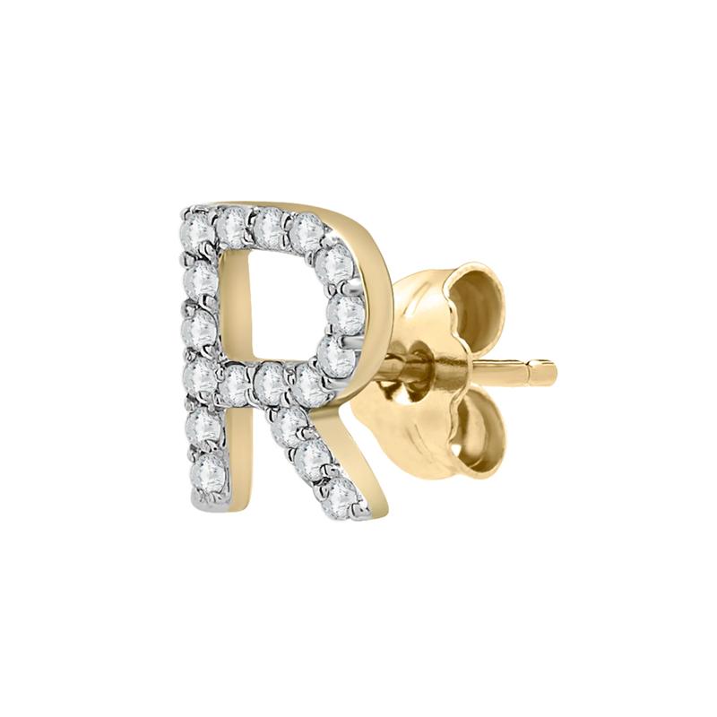 Single-Letter Stud Earring &ldquo;R&rdquo; with Diamond Accents in 10K Yellow Gold – Image 2 of 2