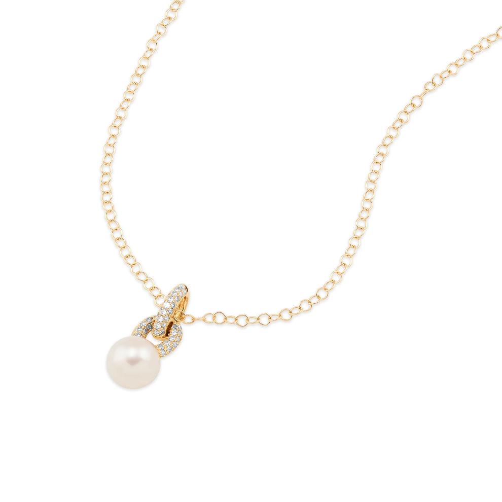 Freshwater Cultured Pearl &amp; Diamond Pendant Necklace in 14K Yellow Gold (1/2 ct. tw.) – Image 3 of 4