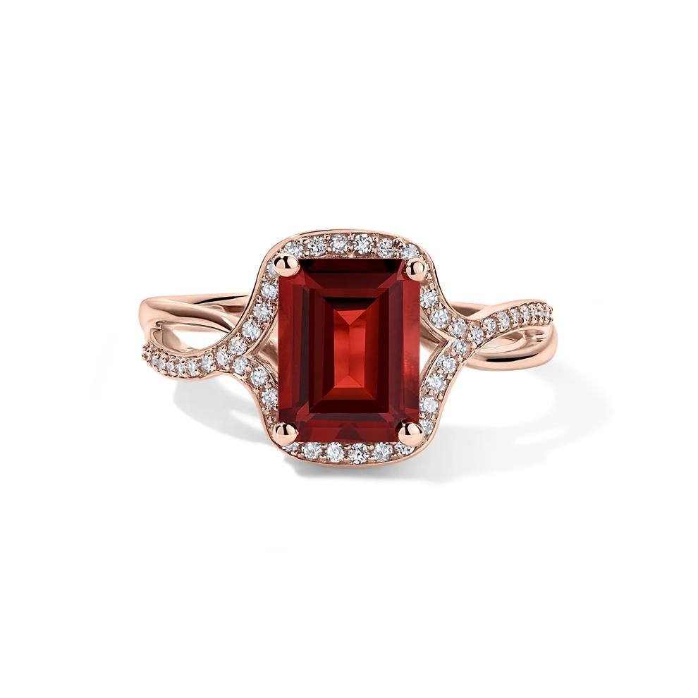 Emerald-Cut Garnet &amp; Diamond Ring in 14K Rose Gold (1/4 ct. tw.) – Image 1 of 4
