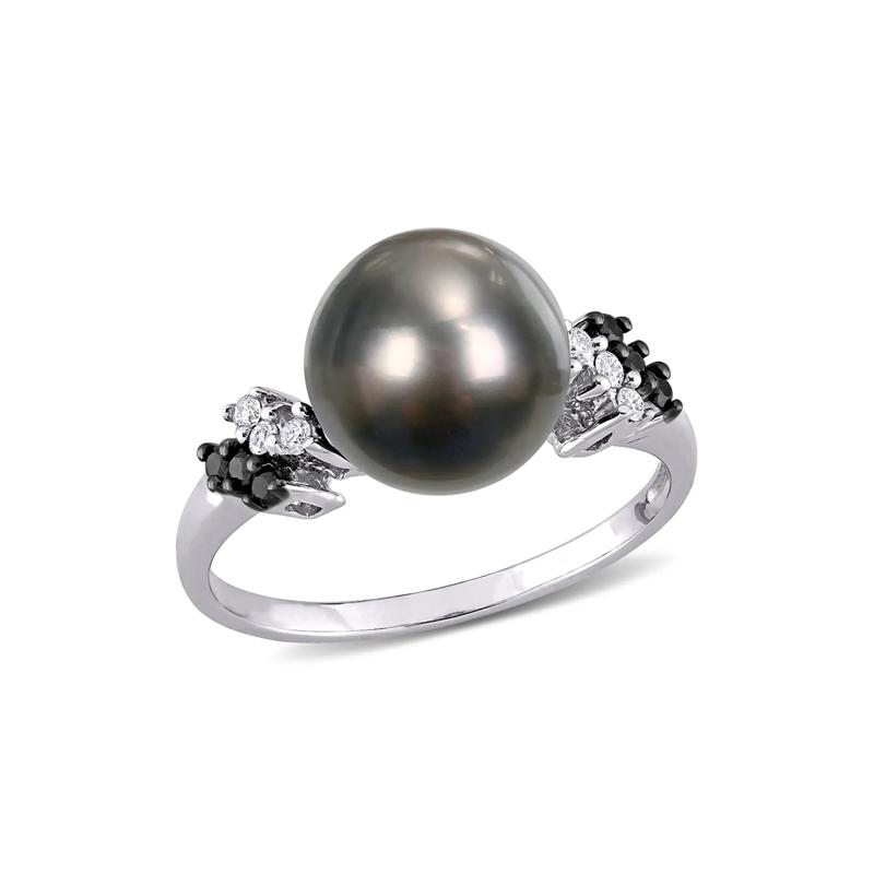 Black Tahitian Pearl &amp; 1/8 ct. tw. Diamond Ring in 10K White Gold – Image 1 of 4
