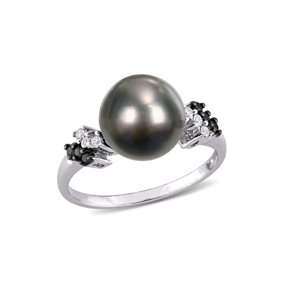 Black Tahitian Pearl &amp; 1/8 ct. tw. Diamond Ring in 10K White Gold – Image 1 of 4