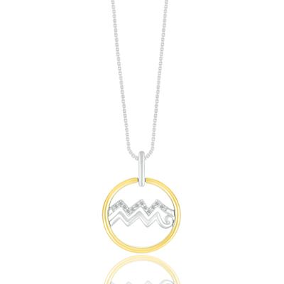 Diamond Accent Aquarius Disc Pendant in Sterling Silver and 10K Yellow Gold