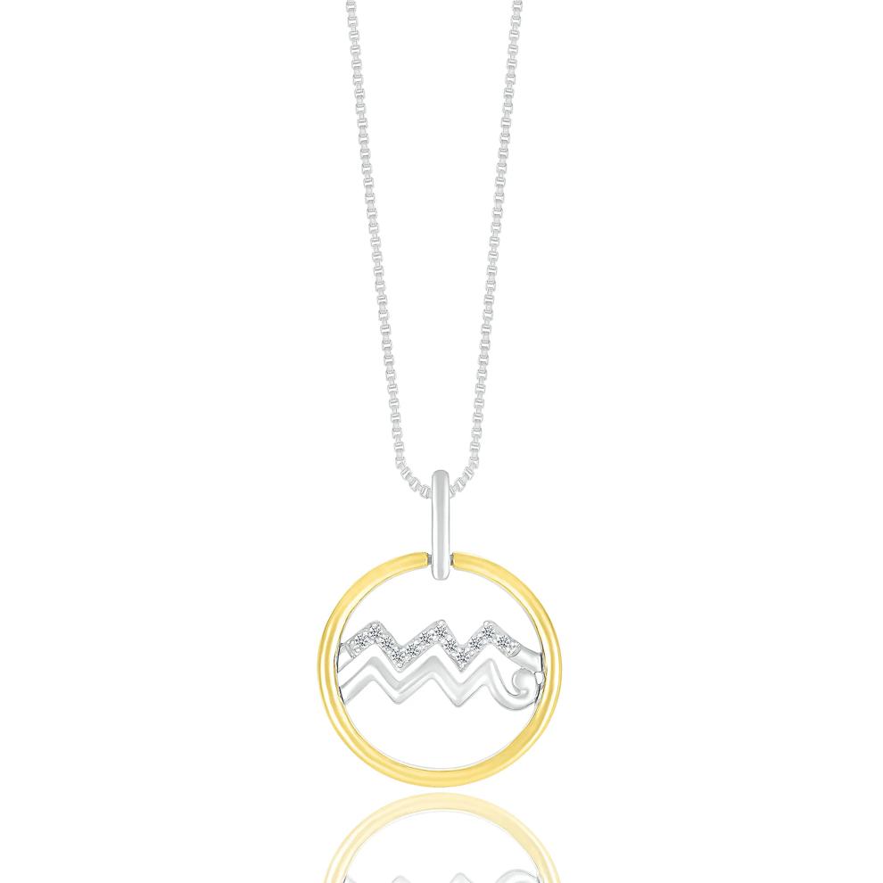 Diamond Accent Aquarius Disc Pendant in Sterling Silver and 10K Yellow Gold  – Image 1 of 3