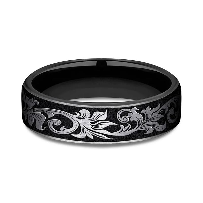 Men&#39;s Scroll Pattern Band in Black Titanium, 6.5MM – Image 1 of 3