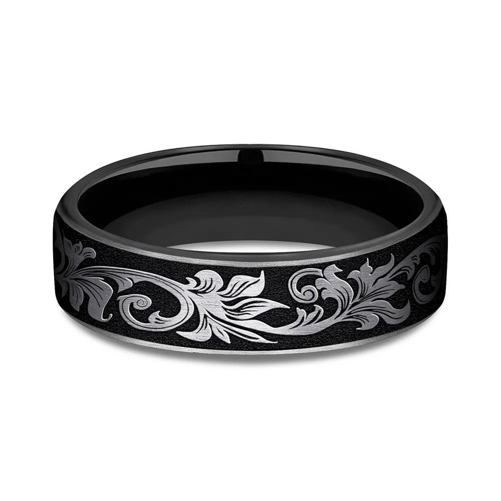 Men's Scroll Pattern Band in Black Titanium, 6.5MM – Image 1 of 3
