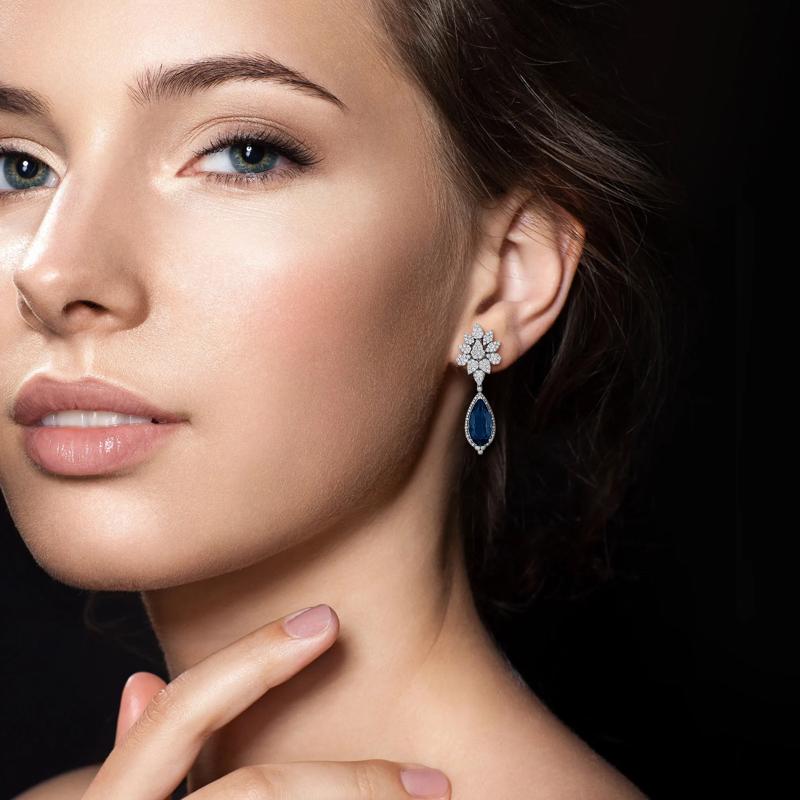 London Blue Topaz &amp; Diamond Drop Earrings in 14K White Gold &#40;2 5/8 ct. tw.&#41; – Image 3 of 4