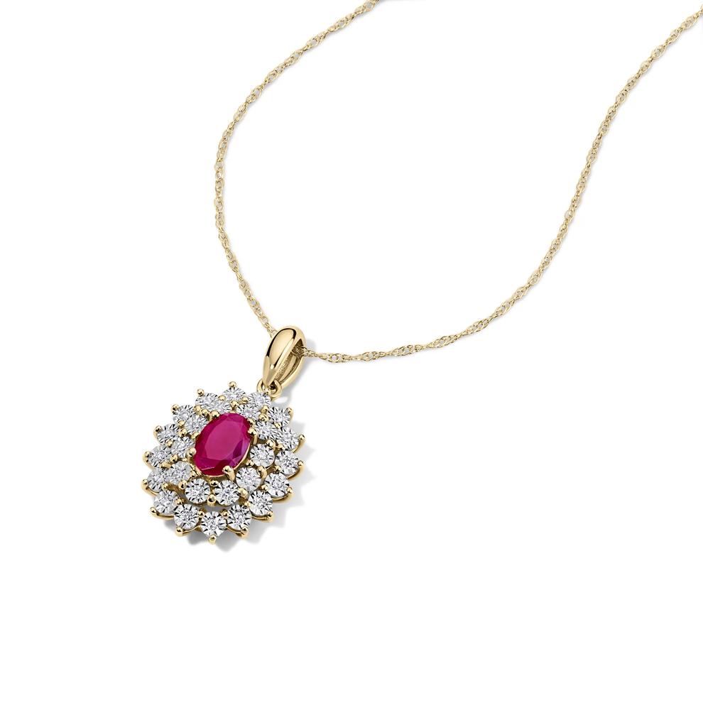 Oval Ruby &amp; Diamond Double Halo Pendant Necklace in 10K Yellow Gold (1/10 ct. tw.) – Image 4 of 4
