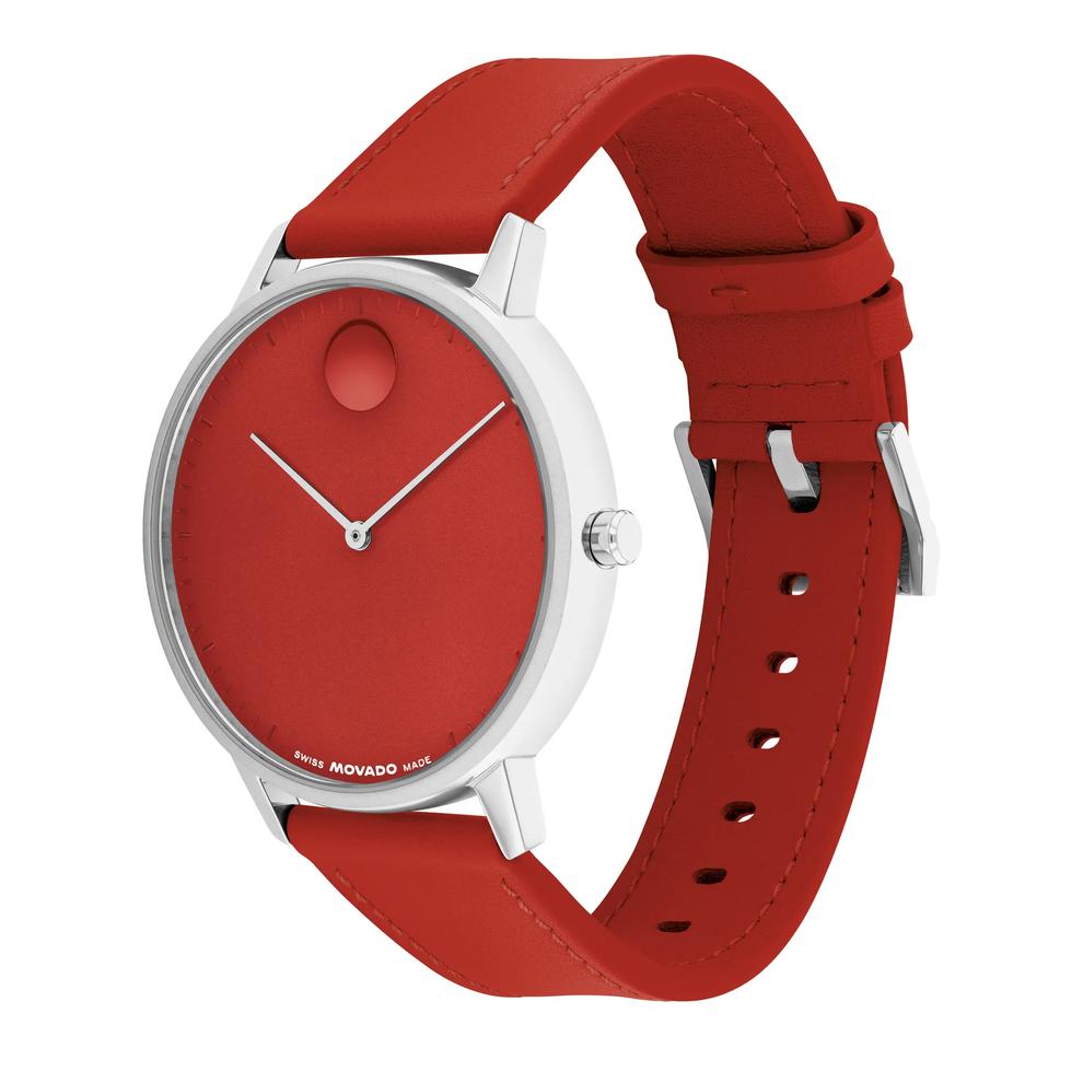 Face Watch With Red Leather Strap in Stainless Steel, 41mm – Image 2 of 3