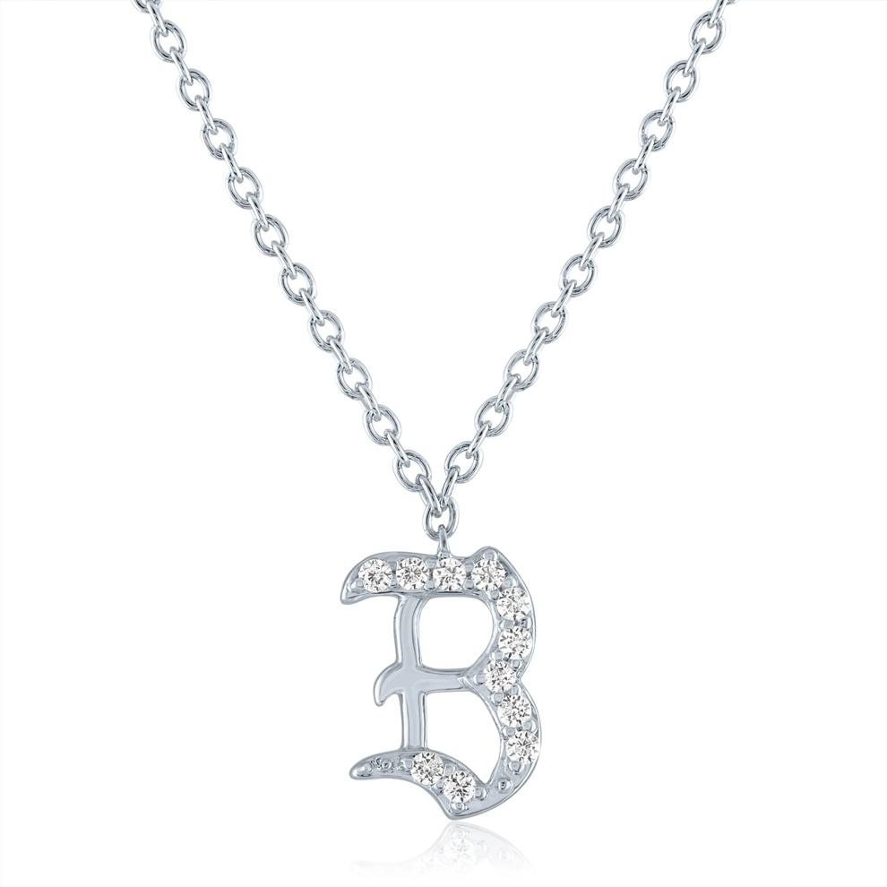 Diamond Accent Gothic Script B Initial Pendant in Sterling Silver  – Image 1 of 3
