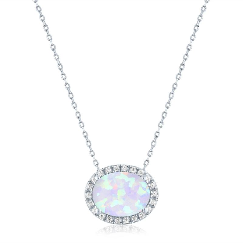 Lab-Created Opal and Diamond Accent Halo Pendant in Sterling Silver – Image 1 of 3