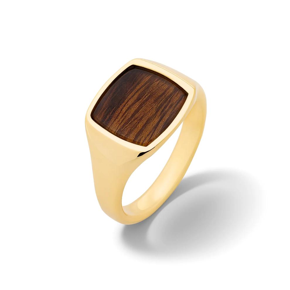 Men's Thin-Style Band with Desert Iron Wood Inlay Signet Ring in 10K Yellow Gold – Image 4 of 4