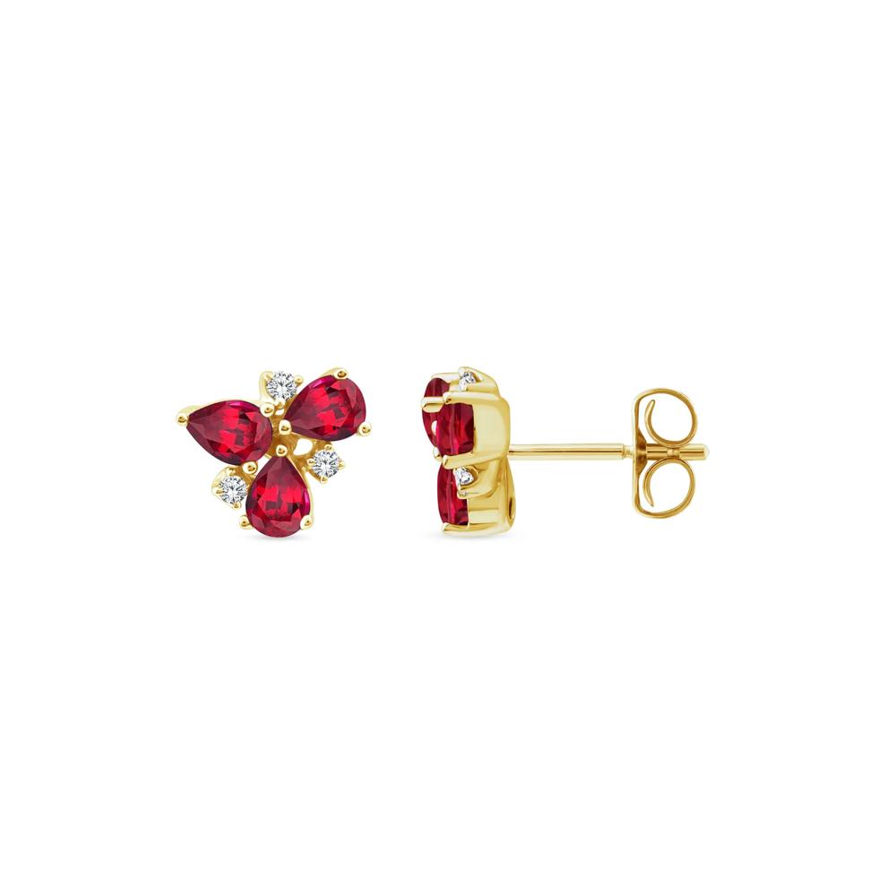Pear-Shaped Ruby and Diamond Accent Cluster Stud Earrings in 10K Yellow Gold – Image 2 of 2