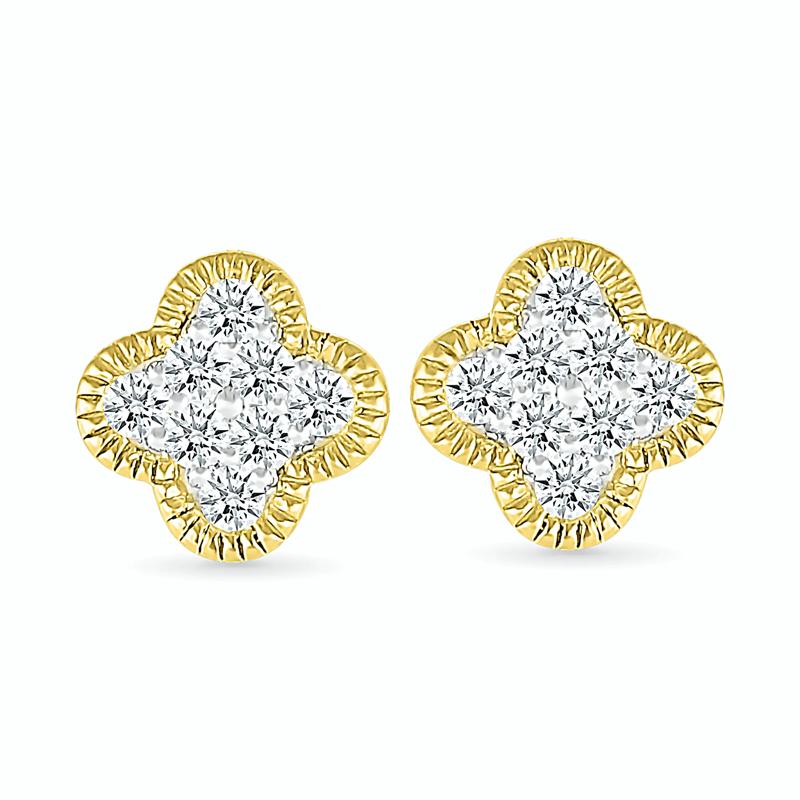 Diamond Clover Stud Earrings in 10K Yellow Gold &#40;1/6 ct. tw.&#41; – Image 2 of 3