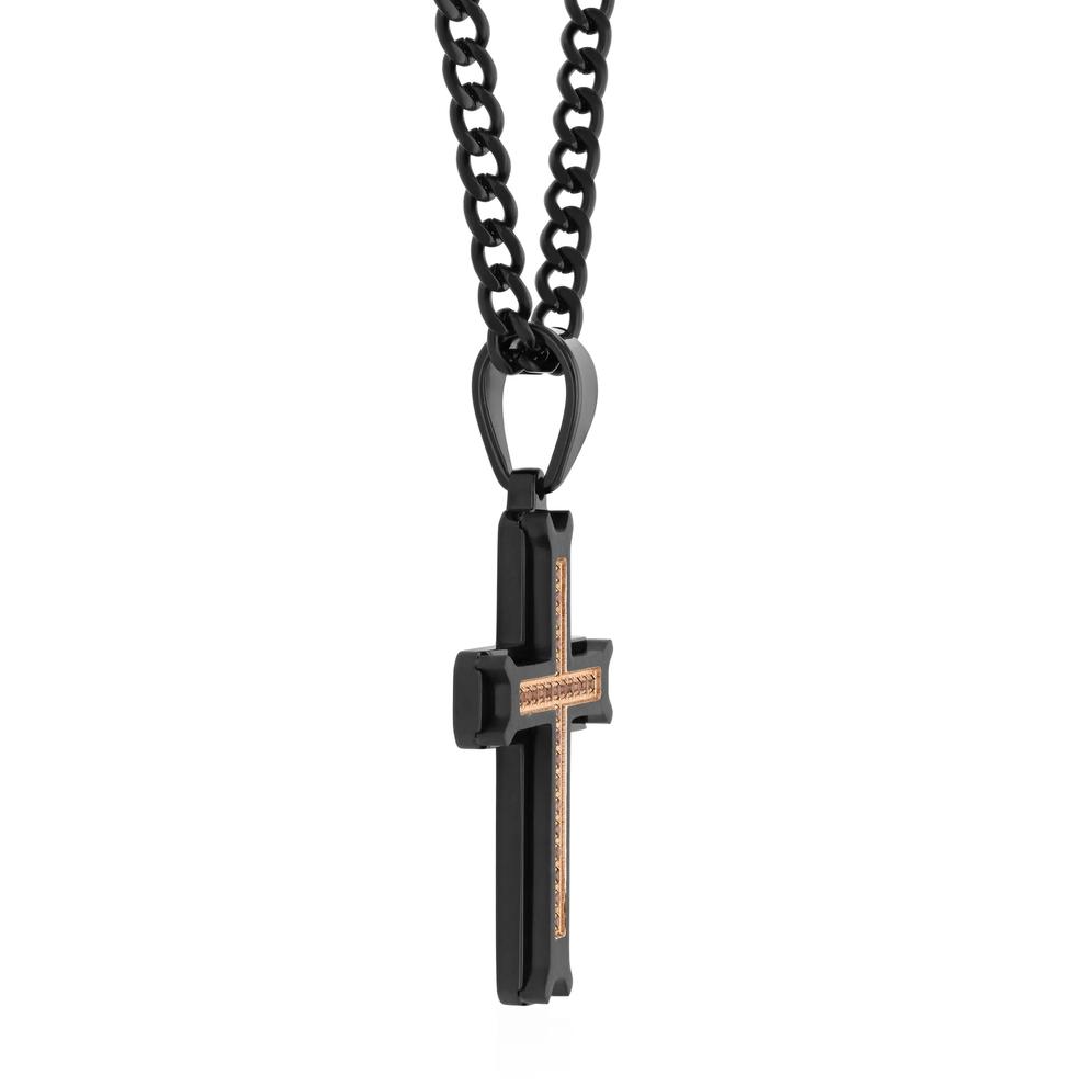 Men's Smoky Quartz Cross Pendant Necklace in Black &amp; Rose Ion-Plated Stainless Steel – Image 2 of 3