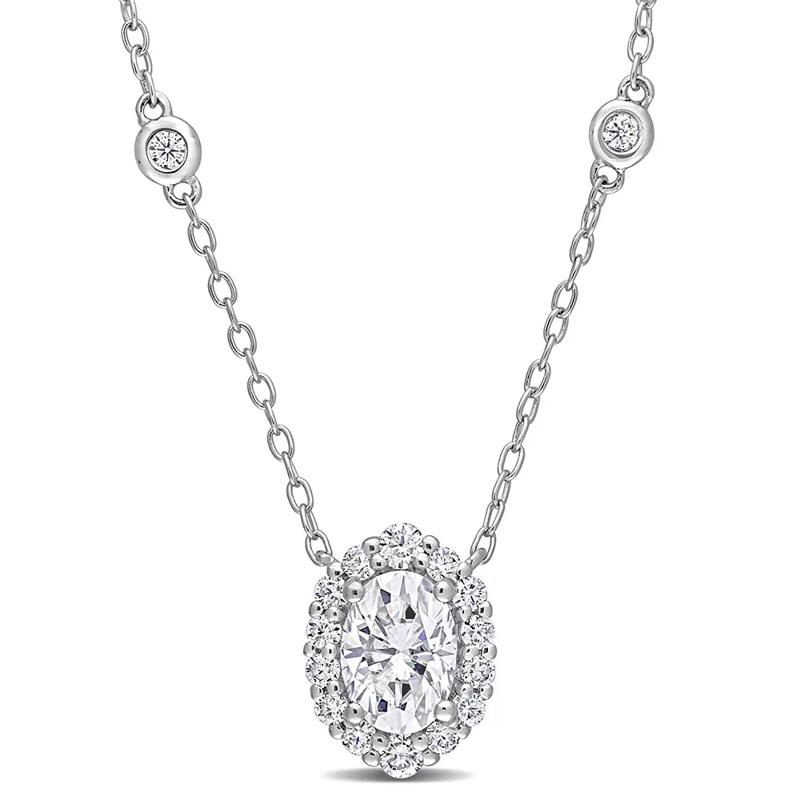Moissanite Oval Halo Pendant in Sterling Silver – Image 1 of 3