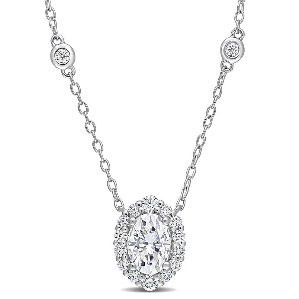 Moissanite Oval Halo Pendant in Sterling Silver – Image 1 of 3