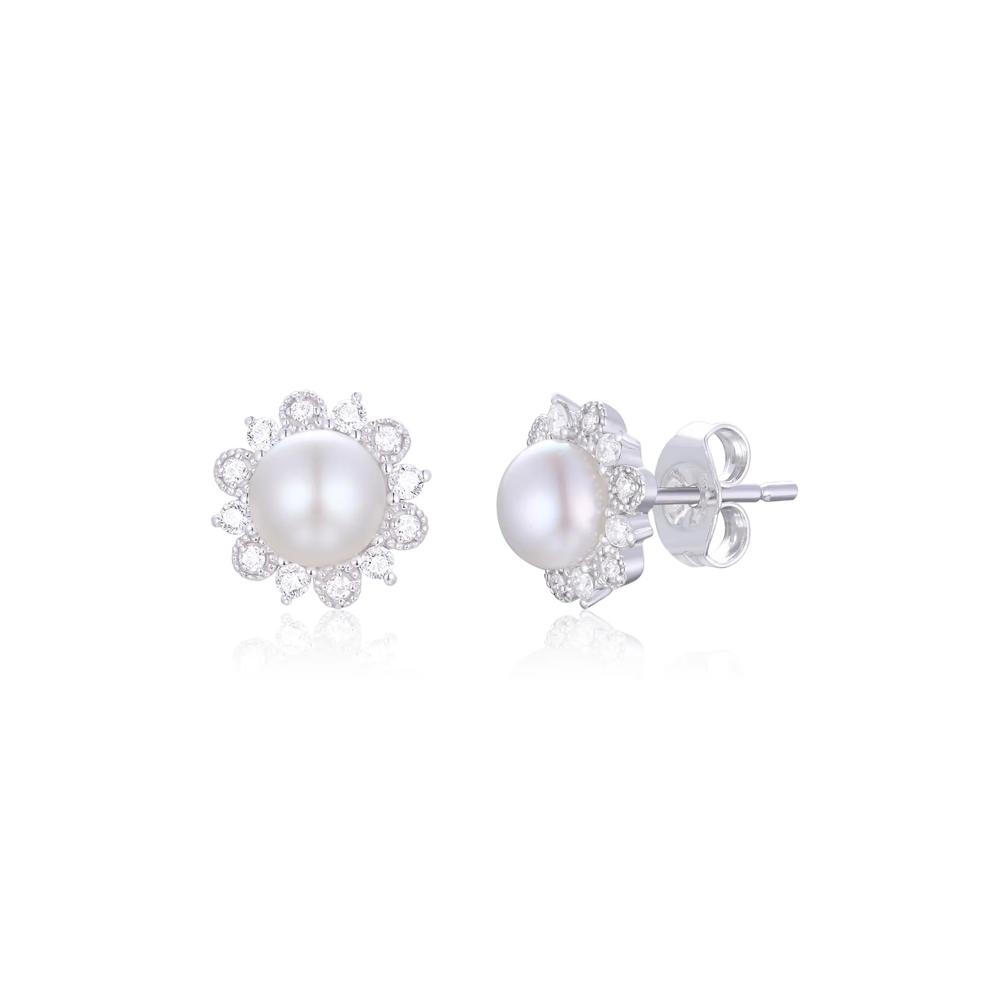 Freshwater Cultured Pearl &amp; Diamond Stud Earrings in 10K White Gold  (1/5 ct. tw.) – Image 1 of 1