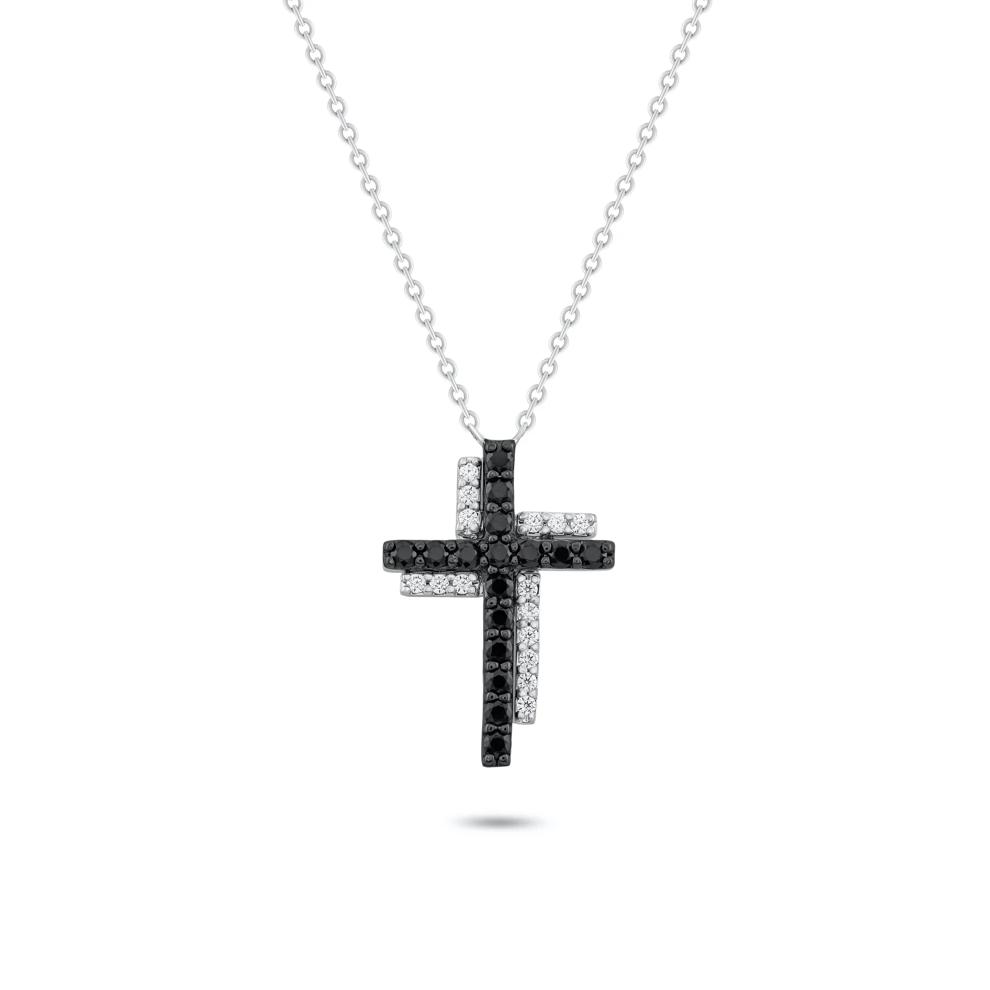 Black &amp; White Diamond Cross Pendant in Sterling Silver (1/4 ct. tw.) – Image 1 of 4