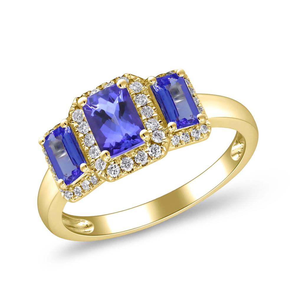 Tanzanite &amp; Diamond Halo Three-Stone Ring in 10K Yellow Gold (1/5 ct. tw.) – Image 4 of 4