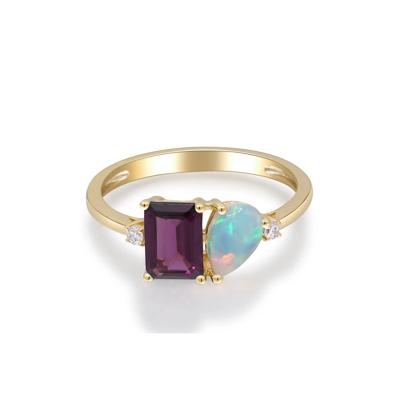 Opal, Rhodolite and Diamond Accent Toi et Moi Ring in 10K Yellow Gold