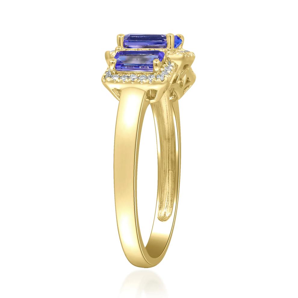Tanzanite &amp; Diamond Halo Three-Stone Ring in 10K Yellow Gold (1/5 ct. tw.) – Image 3 of 4