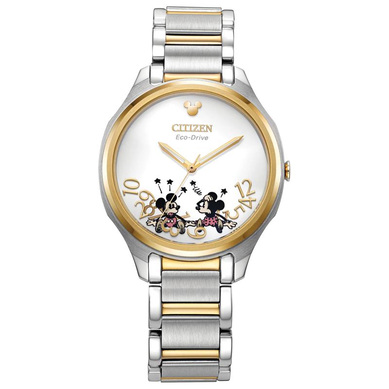 Ladies&#39; Disney Falling Mickey &amp; Minnie Watch in Gold-Tone Stainless Steel, 35MM – Image 1 of 3