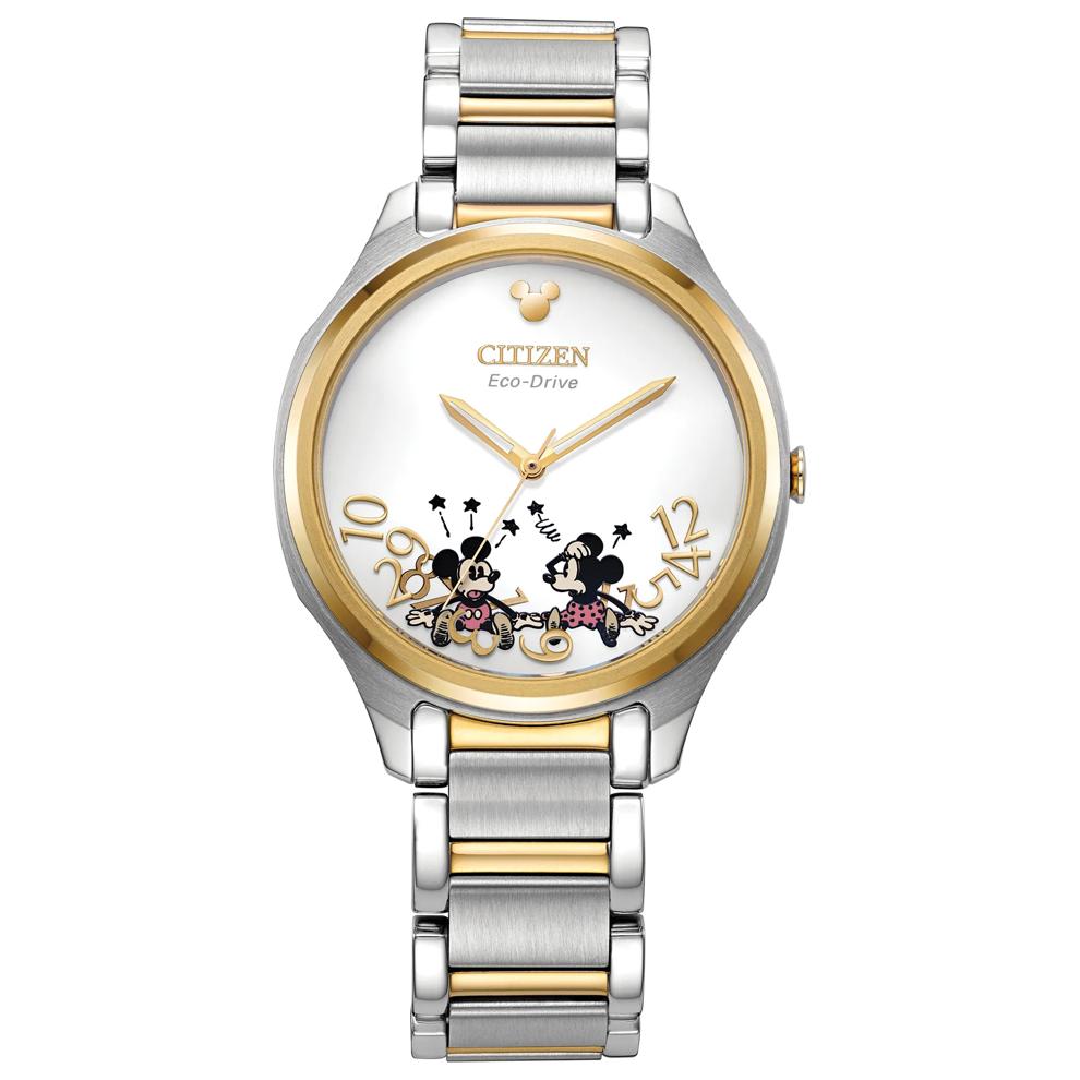 Ladies' Disney Falling Mickey &amp; Minnie Watch in Gold-Tone Stainless Steel, 35MM – Image 1 of 3