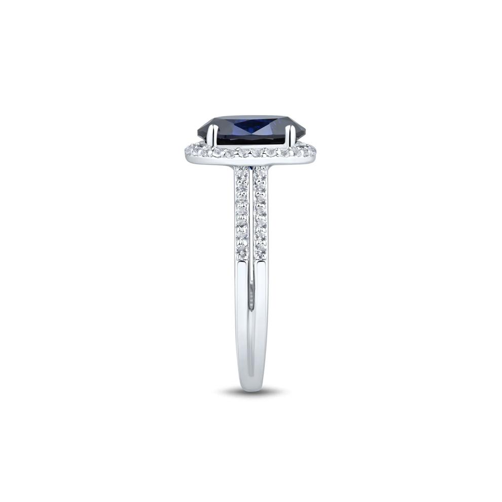 Lab-Created Blue &amp; White Sapphire Double Row Shank Halo Ring in Sterling Silver – Image 2 of 3