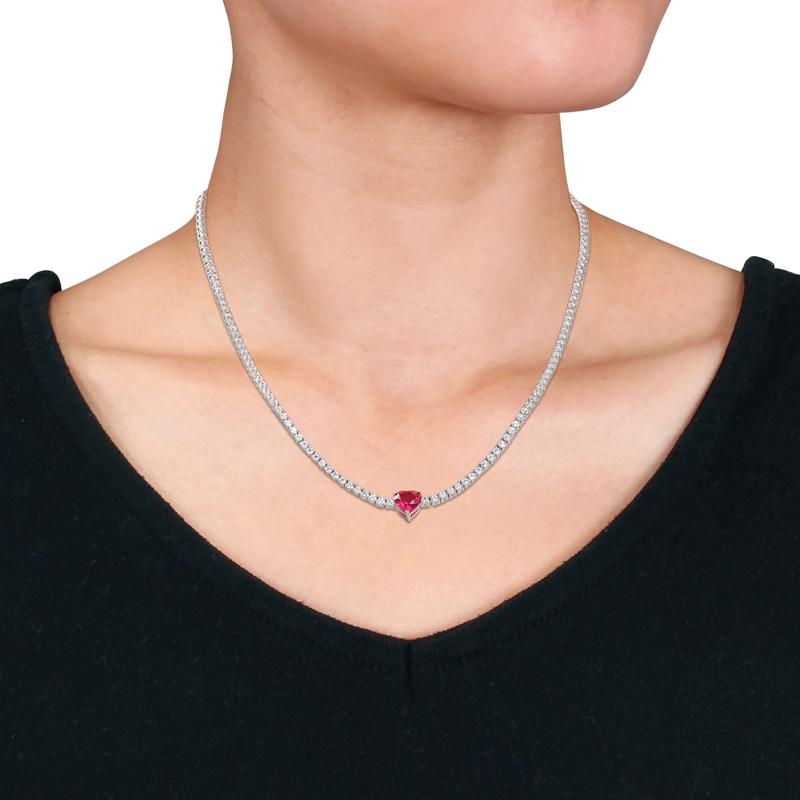 Lab Created White Sapphire and Lab Created Ruby Heart Necklace in Sterling Silver – Image 4 of 5