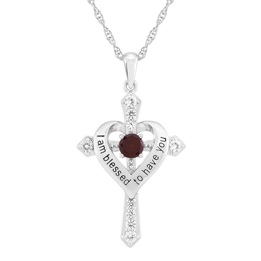 I Am Blessed to Have You Garnet and Lab-Created White Sapphire Cross Pendant in Sterling Silver – Image 1 of 3