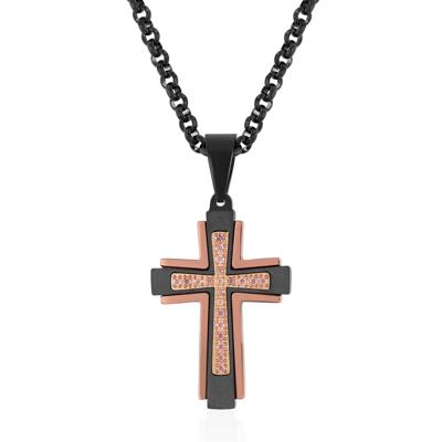 Men's Smokey Quartz Cross Pendant Necklace in Two-Tone Ion-Plated Stainless Steel