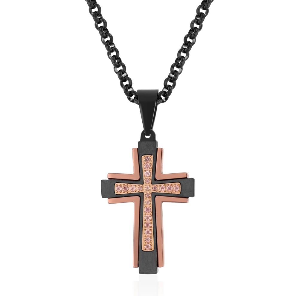 Men's Smokey Quartz Cross Pendant Necklace in Two-Tone Ion-Plated Stainless Steel – Image 1 of 3
