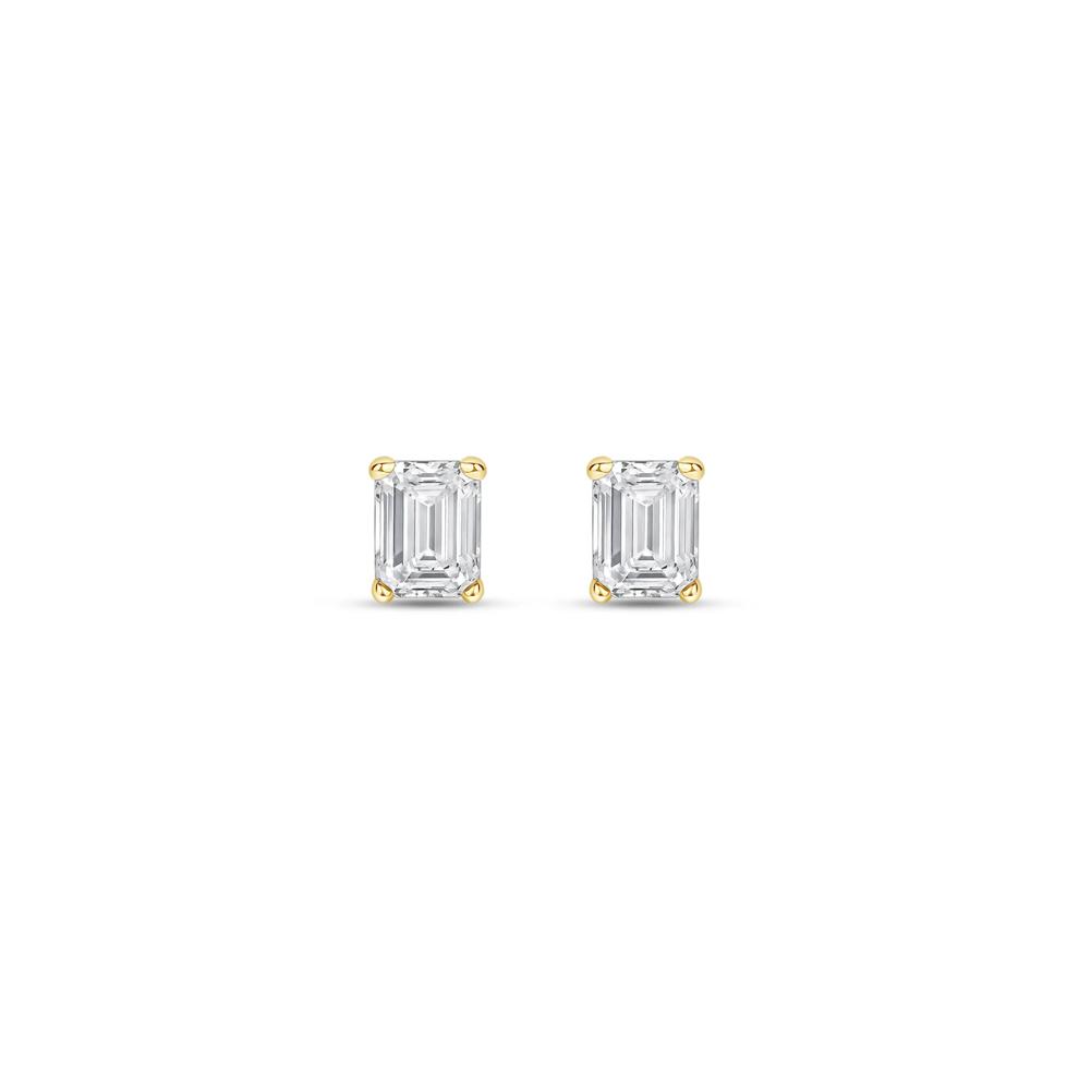 Lab Grown Diamond Emerald-Cut Solitaire Stud Earrings in 14K Yellow Gold (1/4 ct. tw.) – Image 2 of 3