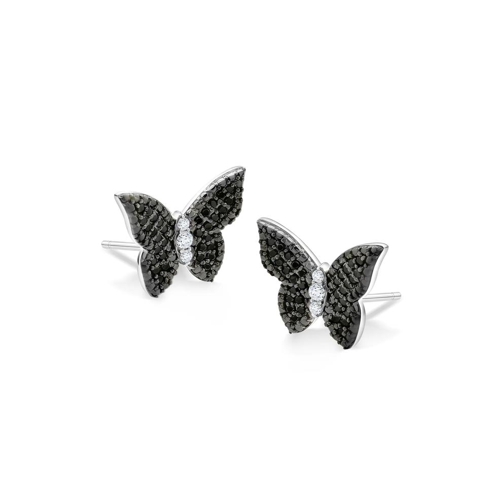 Black &amp; White Diamond Butterfly Stud Earrings in Sterling Silver (1/4 ct. tw.) – Image 1 of 2